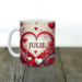 Personalized red and white hearts mug with faux 3D design. Custom ceramic coffee cup with hearts pattern. 